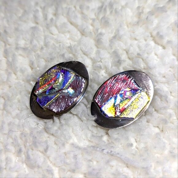 Vintage Sterling Silver and Dichroic Glass Accent Clip Earrings - Picture 8 of 8